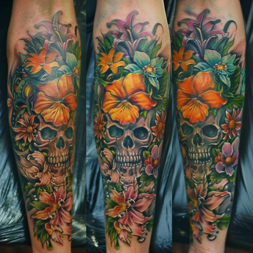 Forearm tattoos for women in the style of Ed Hardy with skulls and flowers