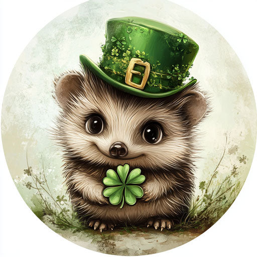 St. Patrick's Day, cute baby hedgehog dressed in green with clover and leprechaun hat