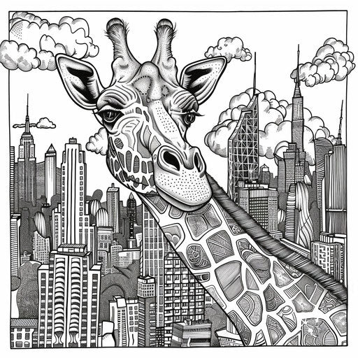 Urban giraffe with street art influences, Stephen Wiltshire style
