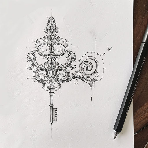 Bold flat tattoo sketch of an enigma key with intricate baroque filigree