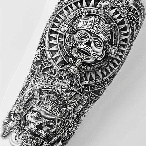 Sketch of ancient Aztec symbols and warriors tattoo, full sleeve for men