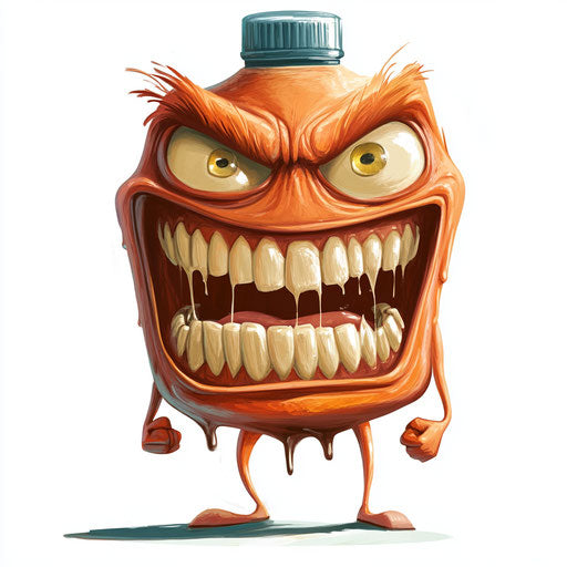 Humorous caricature of a shampoo caricature clipart with human characteristics, exaggerated toothy teeth, short legs, backlit, vibrant colors, cartoon style, angry