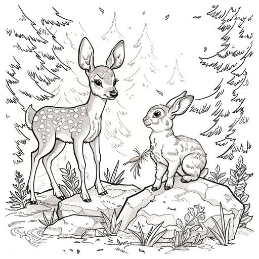 A playful scene of a deer and a rabbit sharing a carrot in the woods
