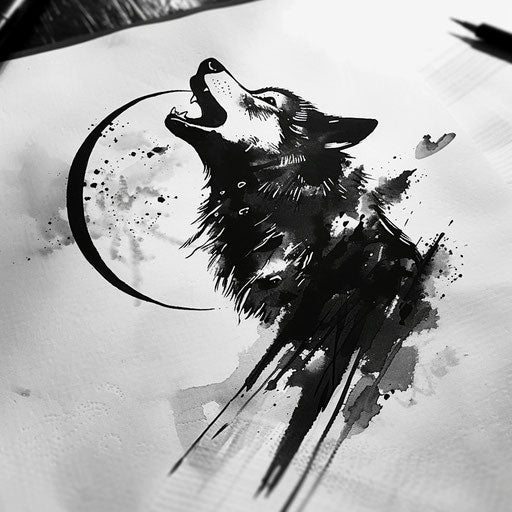 Black tattoo depicting a wolf howling at the moon, on white paper