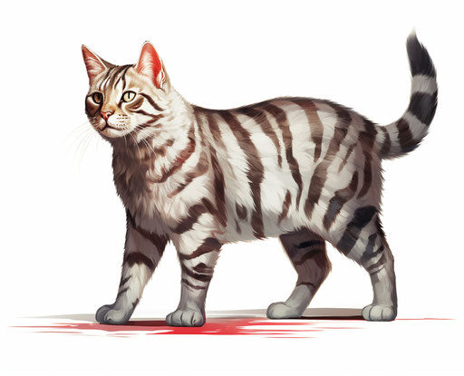 The bobtail cat walking on a white background with red stripes