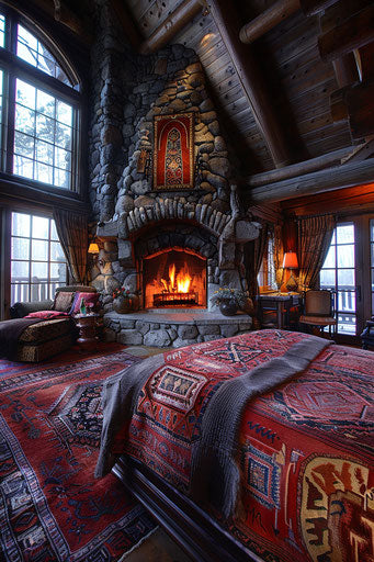 Mountain stone fireplace in a spacious bedroom