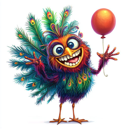 Humorous caricature of a peacock feather with human characteristics