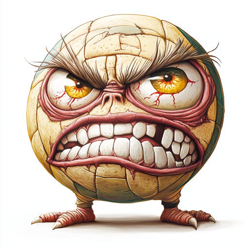 Humorous caricature of a rugby ball with human characteristics