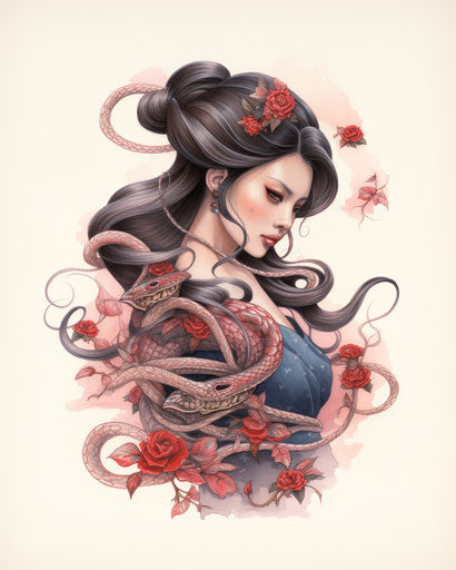 Margaret's lady with snakes portrait in ink print, Tim Shumate style, light pink and red, cobra, classic tattoo motifs