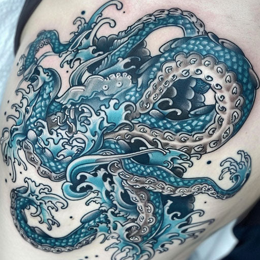 Japanese-inspired tattoo of a Kraken representing Poseidon's wrath