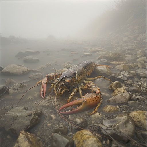 Crayfish in a misty riverbed