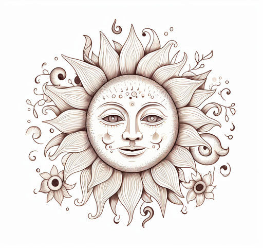 Sun illustration in black and white for tattoos and coloring
