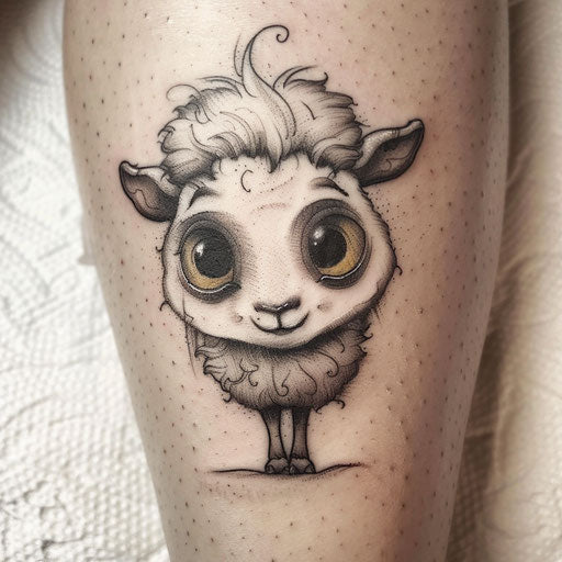 Charming flat tattoo sketch of a cartoon sheep with oversized, expressive eyes