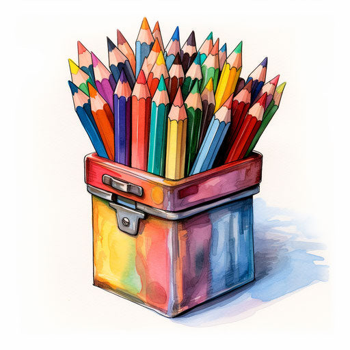 Crayon box clipart in the style of Impressionistic Art, on white background