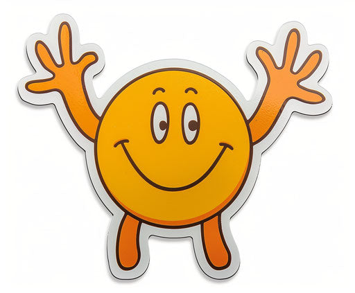 Yellow smiley face sticker with raised hands