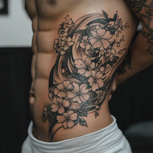 Japanese cherry blossom tattoo on ribcage with cosmic patterns