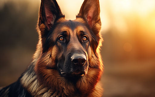 German shepherd for sale on our website, distinct facial features, 32k uhd, heistcore, dark blue and light amber, dynamic and action-packed, agfa clack, edgy political commentary 35:22