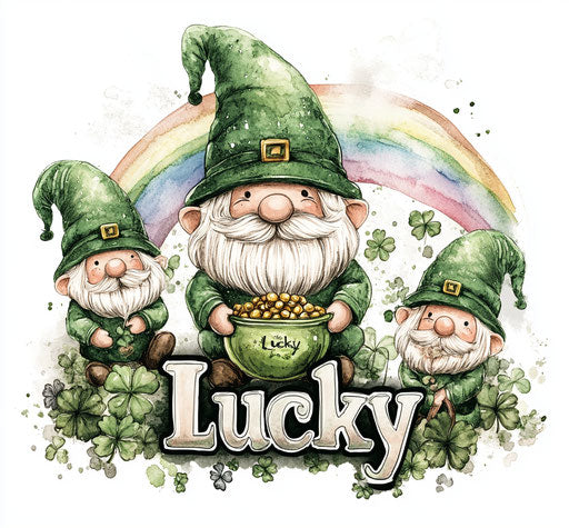 St. Patrick's Day, Gnomes with a pot of gold and a rainbow, the word 'Lucky' in front of them, on a white background.