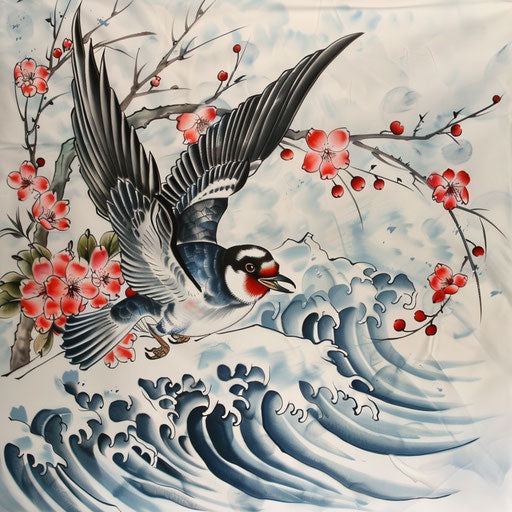 Traditional Japanese swallow tattoo on white rice paper background