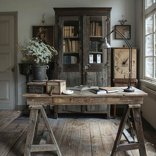 Rustic home office with reclaimed wood desk and vintage decor