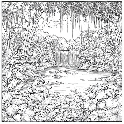Rainforest with detailed landscapes, coloring book page