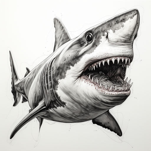 White shark drawing with teeth, tattoo style, low-angle