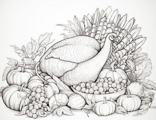 Coloring page of a cornucopia and turkey