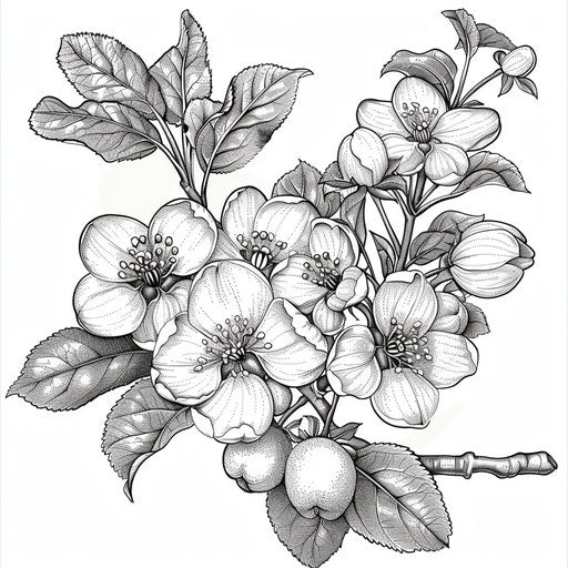 Detailed botanical illustration of an apple tree branch with flowers and fruit. Coloring book page