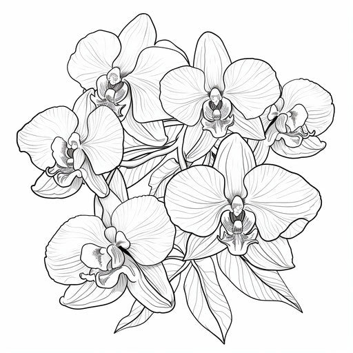 Orchid coloring page, classic tattoo style, organic compositions