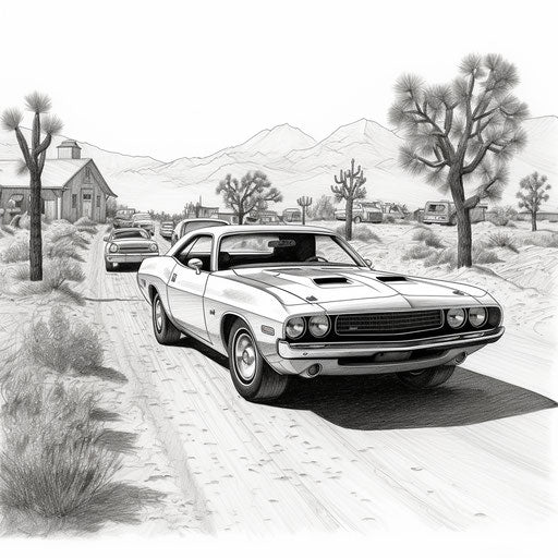Coloring pages for dodge challengers and camaro cars, in the style of Joseph Beuys, vintage imagery