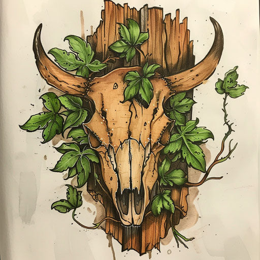 Nature-inspired tattoo sketch of a cow skull with green leaves and wood texture in earthy colors