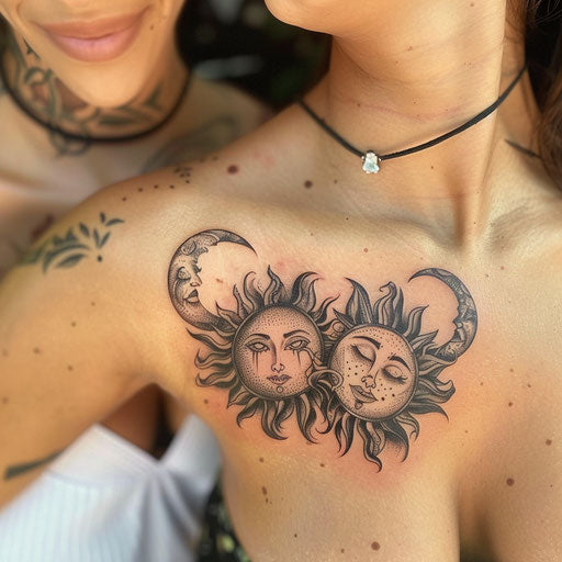 Mother and daughter tattoos of tribal suns and moons on chest