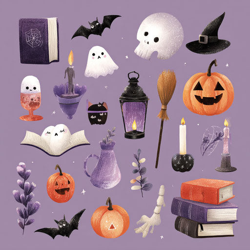 Charming Halloween-themed Illustrations on Purple Background