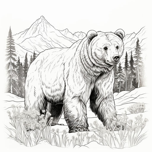 Grizzly bear coloring page in black and white, in the style of captivating, ivory, utilizes