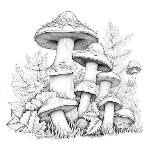 Autumn leaves, pumpkin leaves and mushrooms coloring sheets, ominous vibe, opulent, rounded