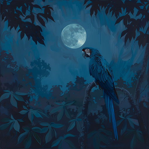 Spix's macaw bathed in the soft glow of the moonlight