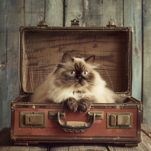 Himalayan cat in a vintage suitcase, ready for travel