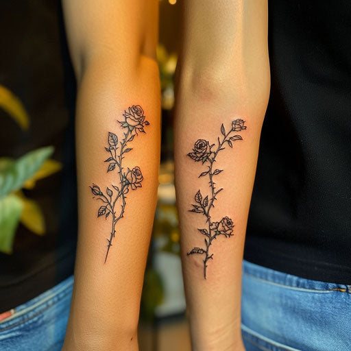 Small matching tattoos of roses and thorns in the style of Ami James
