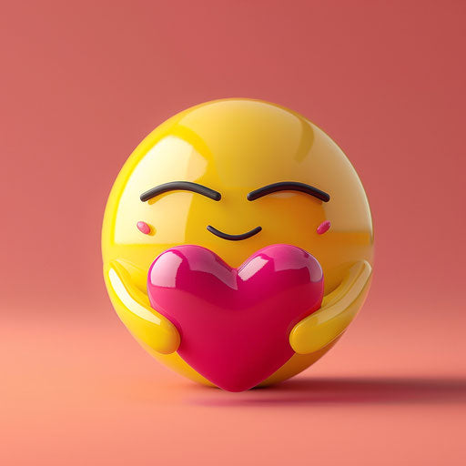 Smiling emoticon holding a heart on transparent background