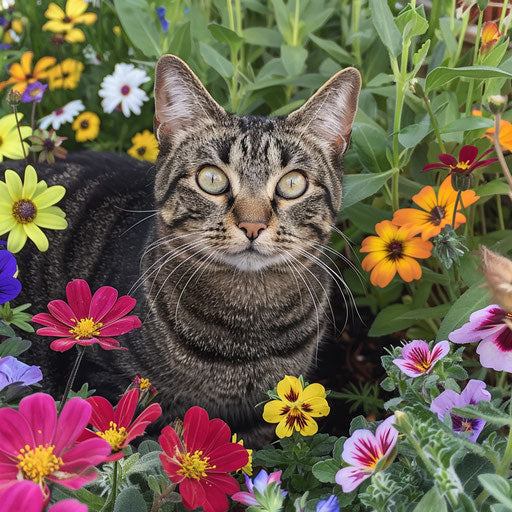 Fatcat in a flower bed with beautiful flowers