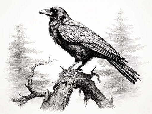 Black and white drawing of a raven in detailed miniature style