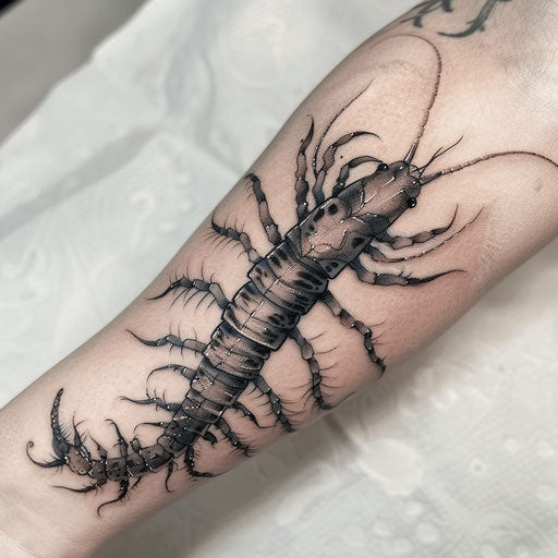 Hyper-realistic centipede tattoo with shadows and highlights, on a white background