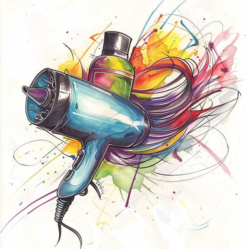 Energetic flat tattoo sketch of a hair dryer and styling products in motion