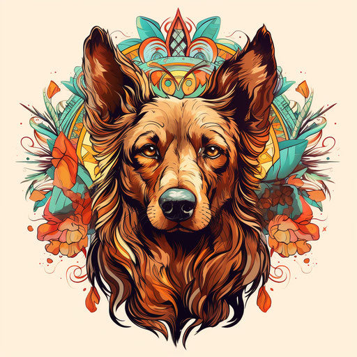 Embroidered portrait of a dog with colorful patterns on head