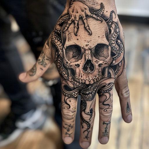 Skull hand tattoo in the style of David Palumbo with mythical creature illustrations