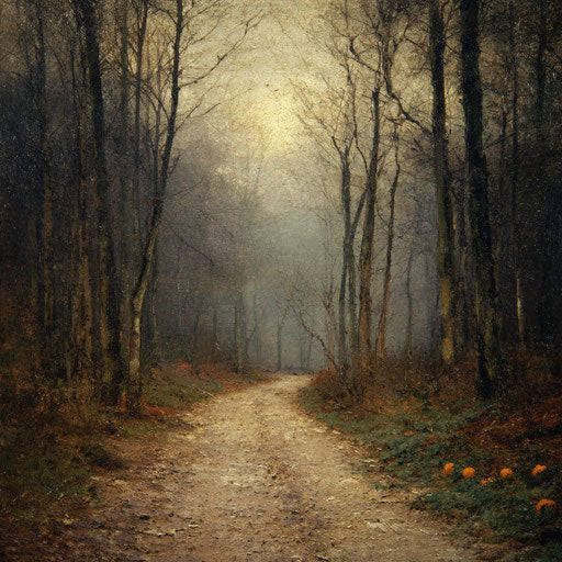 Dense Misty Forest with Contrasting Pumpkins