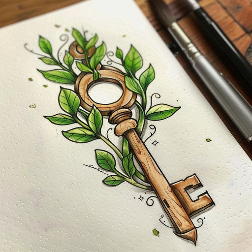 Nature-themed tattoo sketch of a key with a wooden handle and green leaf motifs