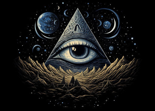 Eye and star in center of pyramid, aetherclockpunk style, illusory 25:18