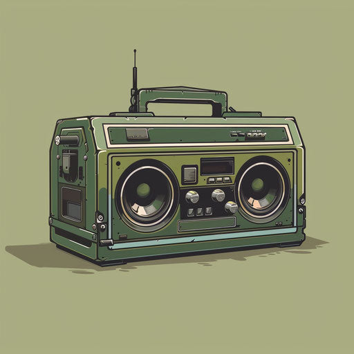 Realistic boombox clipart on muted olive background with soft gradients