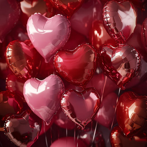 Valentine's Day photo backdrop with numerous heart-shaped balloons
